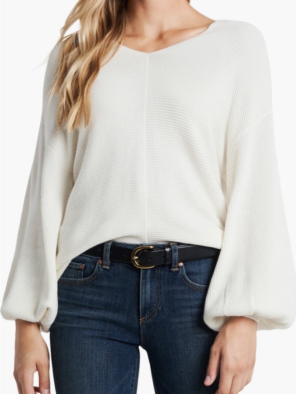 1. State Cream V-Neck Balloon Sleeve Sweater